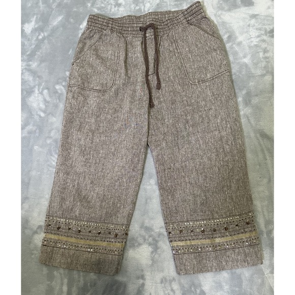 Pants - Capagallo Cropped Linen/Cotton Wide Leg Pants Women's Large  Boho Beaded Sequins